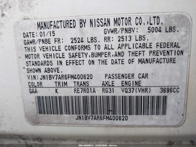 44408613 :رقم المزاد ، JN1BV7AR6FM400620 vin ، 2015 Infiniti Q50 Premium مزاد بيع