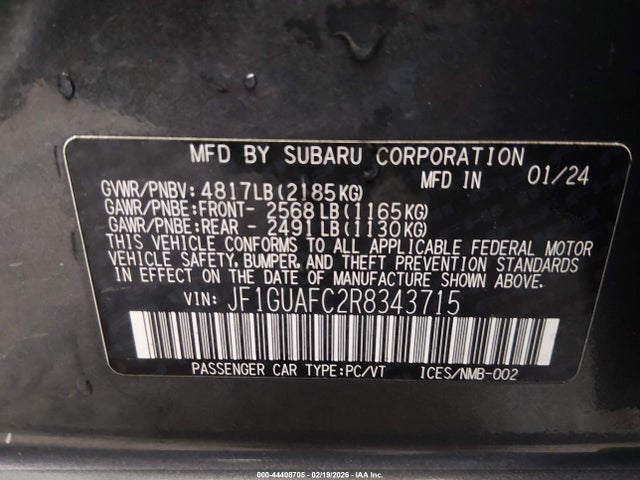 44408705 :رقم المزاد ، JF1GUAFC2R8343715 vin ، 2024 Subaru Impreza Sport 5-door مزاد بيع