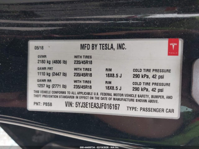 Продажа на аукционе авто 2018 Tesla Model 3, vin: 5YJ3E1EA3JF016167, номер лота: 44408734