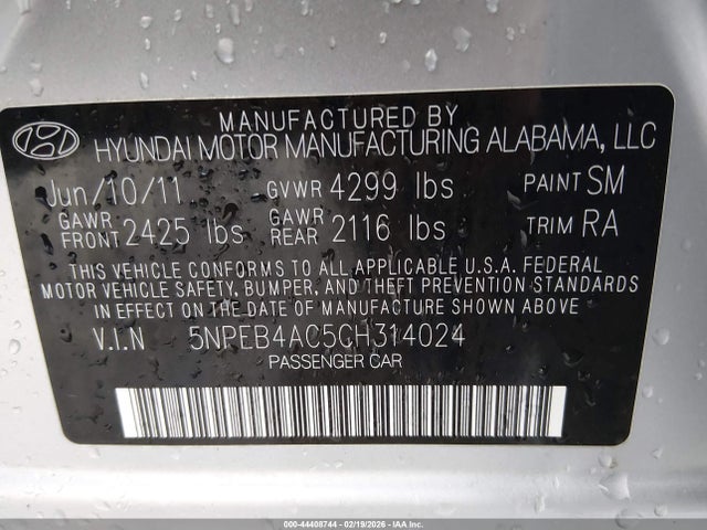 2012 Hyundai Sonata Gls მანქანა იყიდება აუქციონზე, vin: 5NPEB4AC5CH314024, აუქციონის ნომერი: 44408744