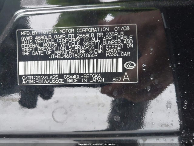 2008 Lexus Es 350 მანქანა იყიდება აუქციონზე, vin: JTHBJ46G182210669, აუქციონის ნომერი: 44408793