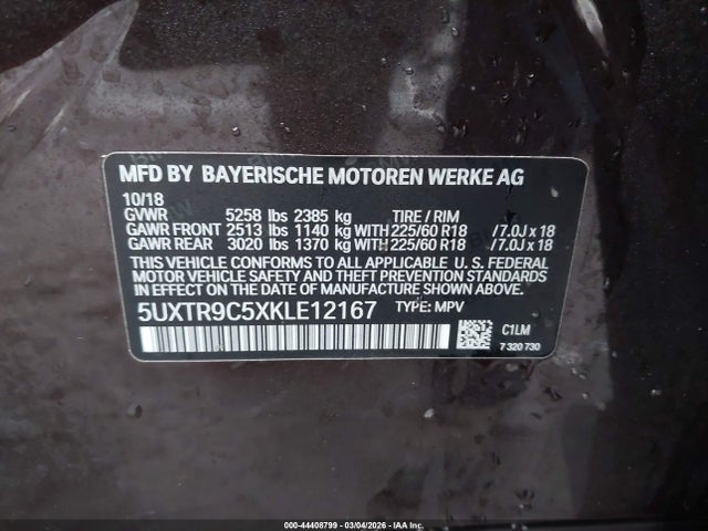 44408799 :رقم المزاد ، 5UXTR9C5XKLE12167 vin ، 2019 Bmw X3 Xdrive30i مزاد بيع