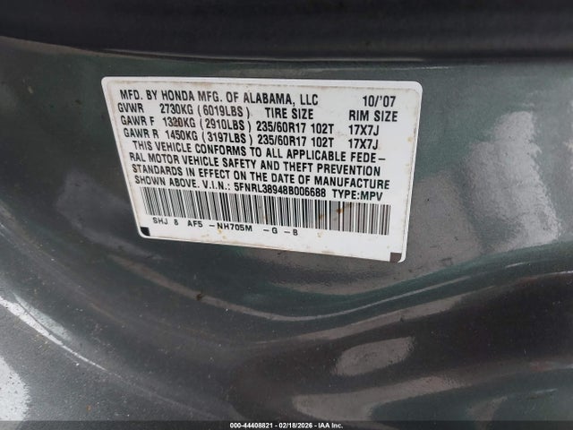 Aukcja sprzedaży 2008 Honda Odyssey Touring, vin: 5FNRL38948B006688, numer aukcji: 44408821