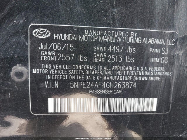 44408832 :رقم المزاد ، 5NPE24AF4GH263874 vin ، 2016 Hyundai Sonata Se مزاد بيع