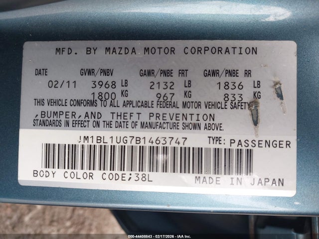 44408843 :رقم المزاد ، JM1BL1UG7B1463747 vin ، 2011 Mazda Mazda3 I Sport مزاد بيع