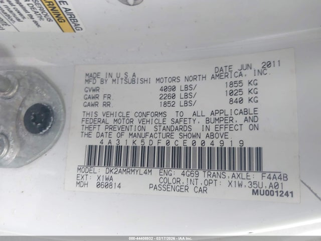 Продаж на аукціоні авто 2012 Mitsubishi Eclipse Gs/gs Sport/se, vin: 4A31K5DF0CE004919, номер лоту: 44408932