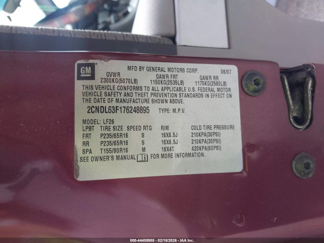 Aukcja sprzedaży 2007 Chevrolet Equinox Lt, vin: 2CNDL63F176248895, numer aukcji: 44408988