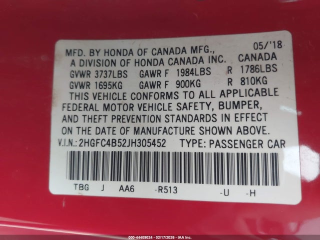 2018 Honda Civic Lx მანქანა იყიდება აუქციონზე, vin: 2HGFC4B52JH305452, აუქციონის ნომერი: 44409024