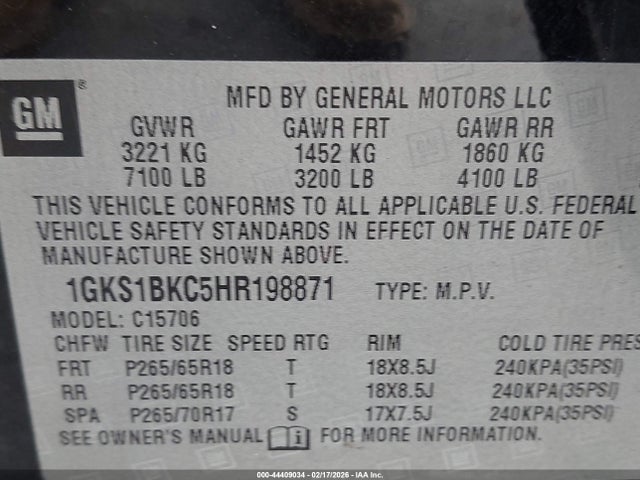 GMC YUKON SLT 2017 1GKS1BKC5HR198871 Image 9