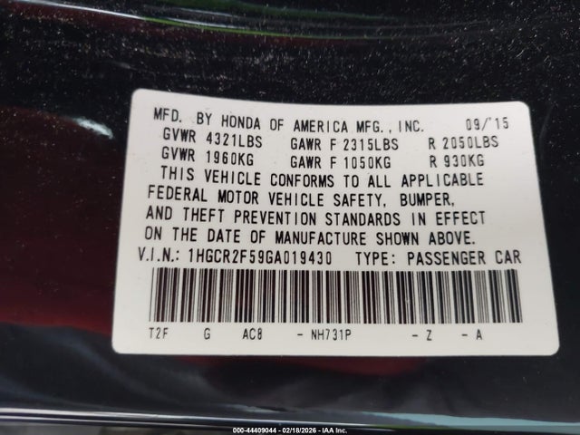 1HGCR2F59GA019430 Honda Accord Sport