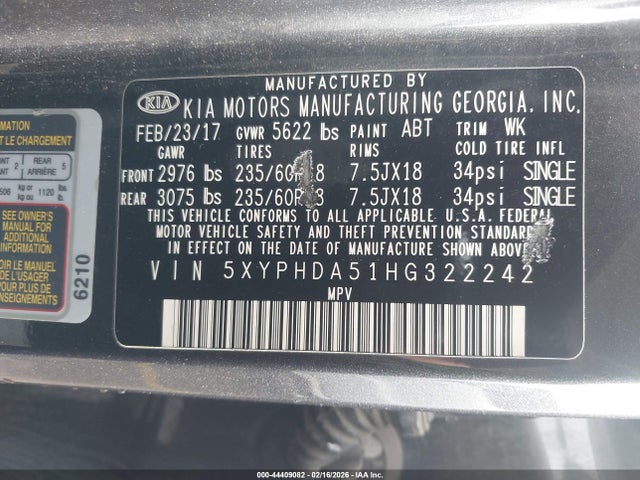 KIA Sorento 3.3l Ex 2017 5XYPHDA51HG322242 Image 9