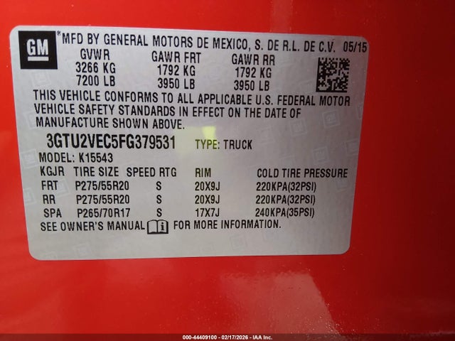 Продажа на аукционе авто 2015 Gmc Sierra 1500 Slt, vin: 3GTU2VEC5FG379531, номер лота: 44409100