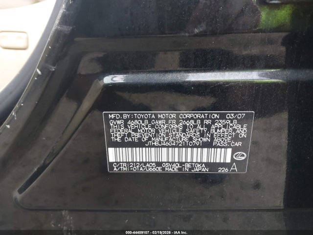 2007 Lexus Es 350 მანქანა იყიდება აუქციონზე, vin: JTHBJ46G472110791, აუქციონის ნომერი: 44409107