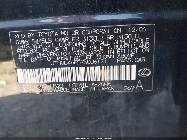 Aukcja sprzedaży 2007 Lexus Ls 460 L, vin: JTHGL46F575006171, numer aukcji: 44409117