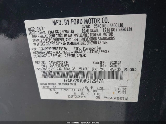 Продажа на аукционе авто 2017 Ford Taurus Sho, vin: 1FAHP2KT0HG125476, номер лота: 44409183