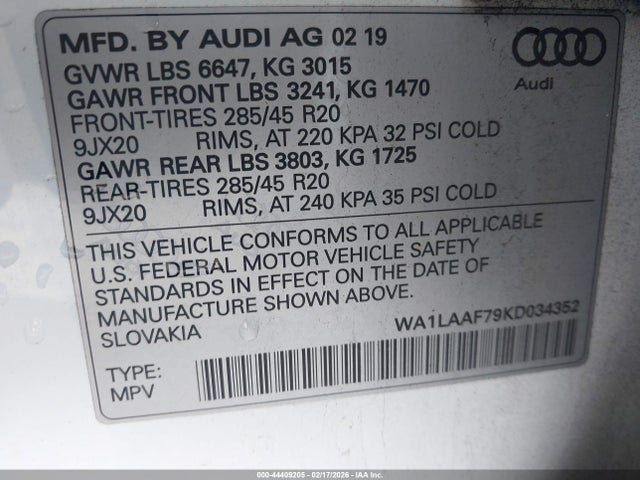 Aukcja sprzedaży 2019 Audi Q7 55 Premium, vin: WA1LAAF79KD034352, numer aukcji: 44409205