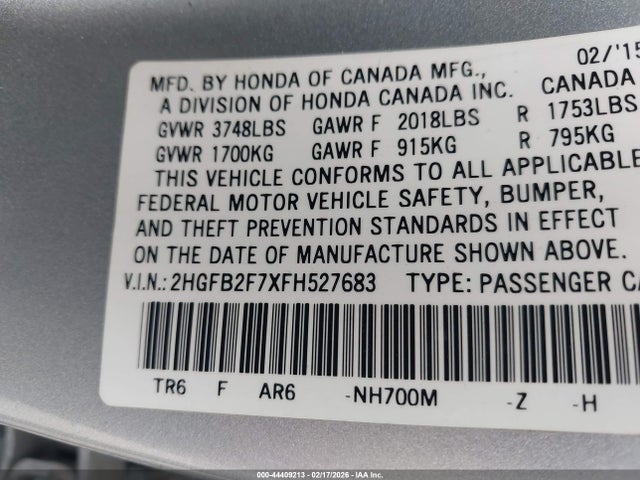 Honda CIVIC SE 2015 2HGFB2F7XFH527683 Image 9