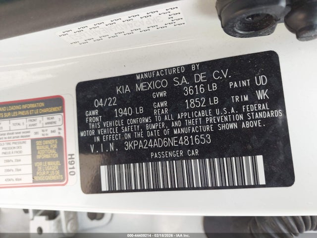44409214 :رقم المزاد ، 3KPA24AD6NE481653 vin ، 2022 Kia Rio S مزاد بيع