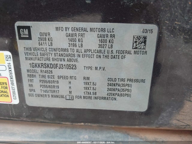 Aukcja sprzedaży 2015 Gmc Acadia Slt-2, vin: 1GKKRSKD0FJ310523, numer aukcji: 44409257