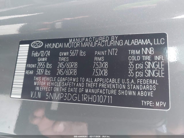 Aukcja sprzedaży 2024 Hyundai Santa Fe Xrt, vin: 5NMP3DGL1RH010711, numer aukcji: 44409261