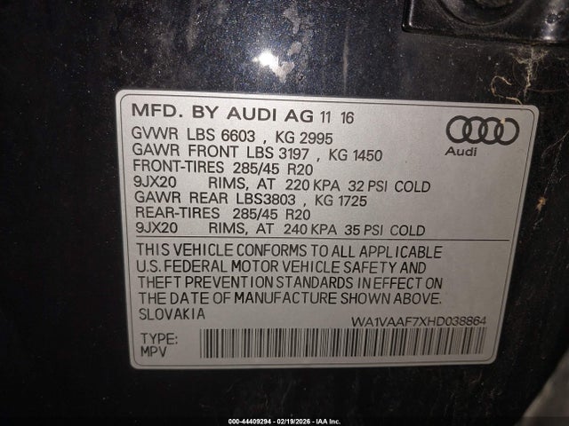 Продажа на аукционе авто 2017 Audi Q7 3.0t Premium, vin: WA1VAAF7XHD038864, номер лота: 44409294