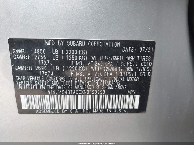 Aukcja sprzedaży 2022 Subaru Outback Premium, vin: 4S4BTADCXN3128998, numer aukcji: 44409307