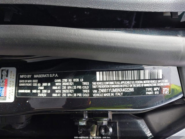 2022 Maserati Levante Modena მანქანა იყიდება აუქციონზე, vin: ZN661YUM8NX402266, აუქციონის ნომერი: 44409335