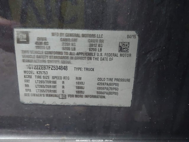 44409372 :رقم المزاد ، 1GT22ZE87FZ534848 vin ، 2015 Gmc Sierra 2500hd Slt مزاد بيع