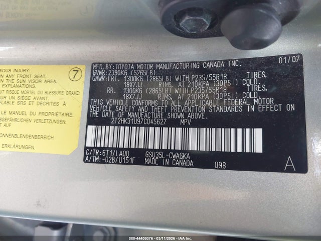 Продаж на аукціоні авто 2007 Lexus Rx 350, vin: 2T2HK31U97C045627, номер лоту: 44409376
