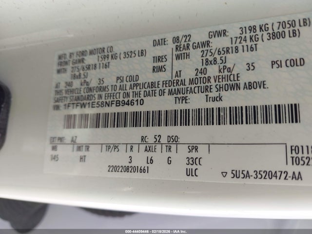 1FTFW1E58NFB94610 Ford F-150 Lariat