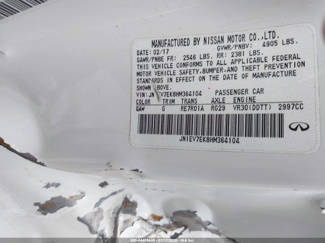 44409448 :رقم المزاد ، JN1EV7EK8HM364104 vin ، 2017 Infiniti Q60 3.0t Premium مزاد بيع