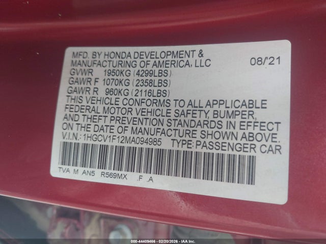 Aukcja sprzedaży 2021 Honda Accord Lx, vin: 1HGCV1F12MA094985, numer aukcji: 44409466
