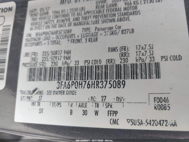 Продажа на аукционе авто 2017 Ford Fusion Se, vin: 3FA6P0H76HR375089, номер лота: 44409471
