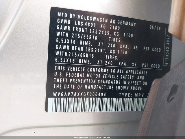 44409494 :رقم المزاد ، WVGAV7AXXGK000494 vin ، 2016 Volkswagen Tiguan S مزاد بيع