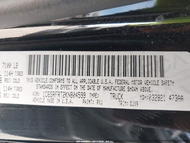 Aukcja sprzedaży 2019 Ram 1500 Laramie  4x4 6'4 Box, vin: 1C6SRFRT2KN804599, numer aukcji: 44409531