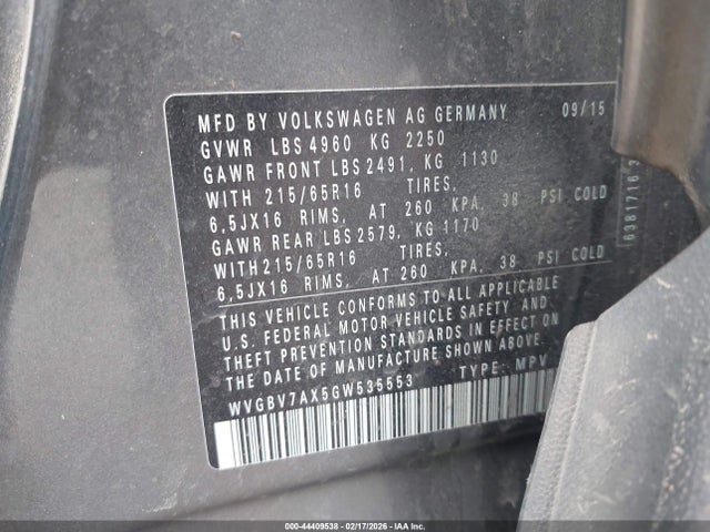 WVGBV7AX5GW535553 Volkswagen TIGUAN S