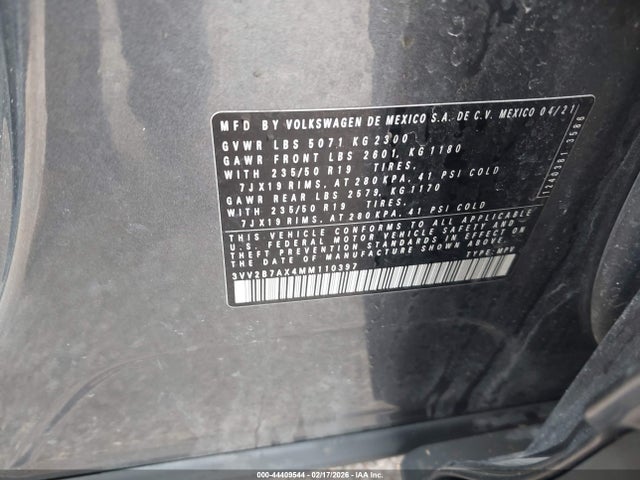44409544 :رقم المزاد ، 3VV2B7AX4MM110397 vin ، 2021 Volkswagen Tiguan 2.0t Se/2.0t Se R-line Black/2.0t Sel مزاد بيع