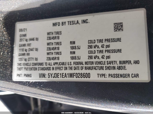 Aukcja sprzedaży 2021 Tesla Model 3 Standard Range Plus Rear-wheel Drive, vin: 5YJ3E1EA1MF028600, numer aukcji: 44409591