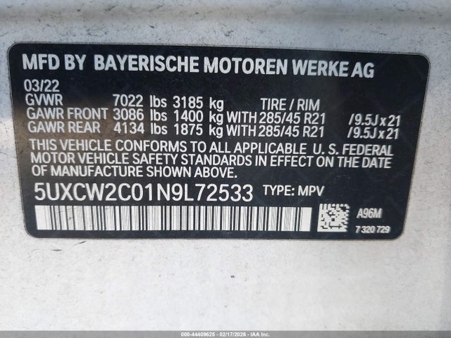 Продаж на аукціоні авто 2022 Bmw X7 Xdrive40i, vin: 5UXCW2C01N9L72533, номер лоту: 44409625
