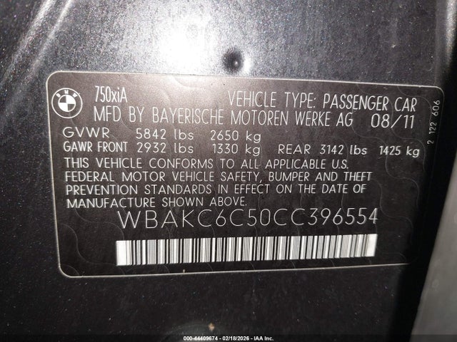 Продажа на аукционе авто 2012 Bmw 750i Xdrive, vin: WBAKC6C50CC396554, номер лота: 44409674