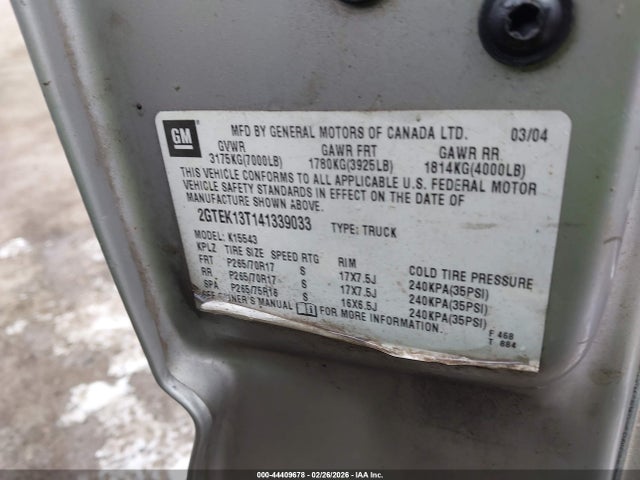 Продаж на аукціоні авто 2004 Gmc Sierra 1500 Slt, vin: 2GTEK13T141339033, номер лоту: 44409678