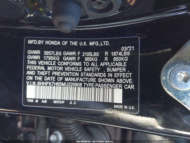 44409708 :رقم المزاد ، SHHFK7H65MU220908 vin ، 2021 Honda Civic Ex مزاد بيع