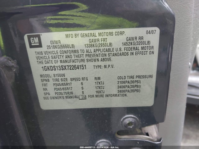 2007 Gmc Envoy Slt მანქანა იყიდება აუქციონზე, vin: 1GKDS13SX72264151, აუქციონის ნომერი: 44409713