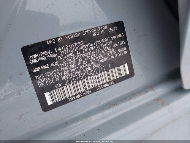 44409726 :رقم المزاد ، JF2GTAPC5NH271173 vin ، 2022 Subaru Crosstrek Premium مزاد بيع