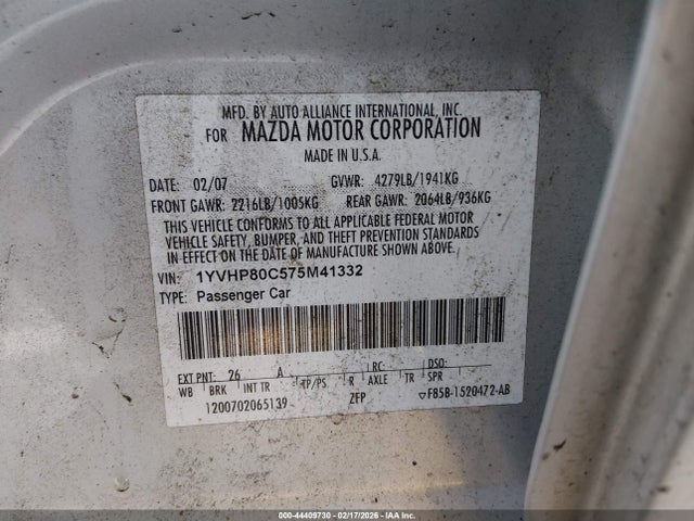 2007 Mazda Mazda6 I Sport Ve მანქანა იყიდება აუქციონზე, vin: 1YVHP80C575M41332, აუქციონის ნომერი: 44409730