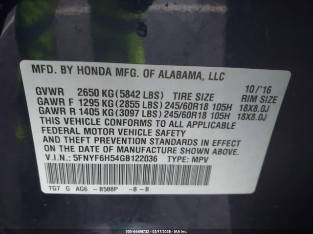 5FNYF6H54GB122036 Honda Pilot Ex-l