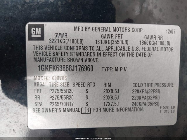 44409761 :رقم المزاد ، 1GKFK63868J176960 vin ، 2008 Gmc Yukon Denali مزاد بيع