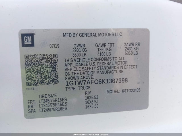 Auction sale of the 2019 Gmc Savana 2500 Work Van, vin: 1GTW7AFG6K1367398, lot number: 44409851
