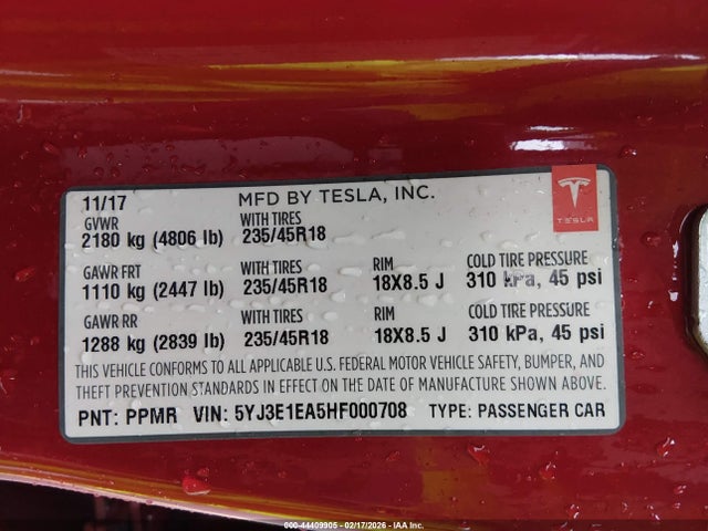 2017 TESLA MODEL 3 5YJ3E1EA5HF000708 Photo 8