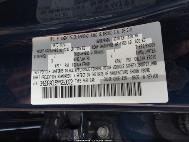 Aukcja sprzedaży 2021 Mazda Mazda3, vin: 3MZBPACL5MM253072, numer aukcji: 44409916